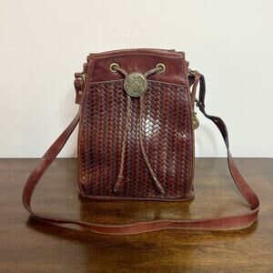 VTG Brahmin Leather Bucket Bag Drawstring Closure USA Brown Woven Texture Boho